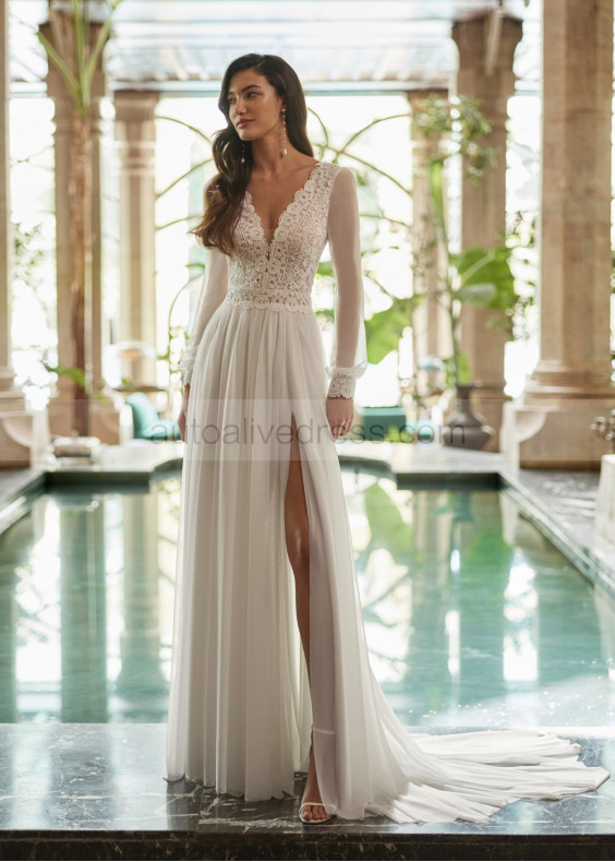Long Sleeves Ivory Lace Chiffon High Slit Flowing Wedding Dress